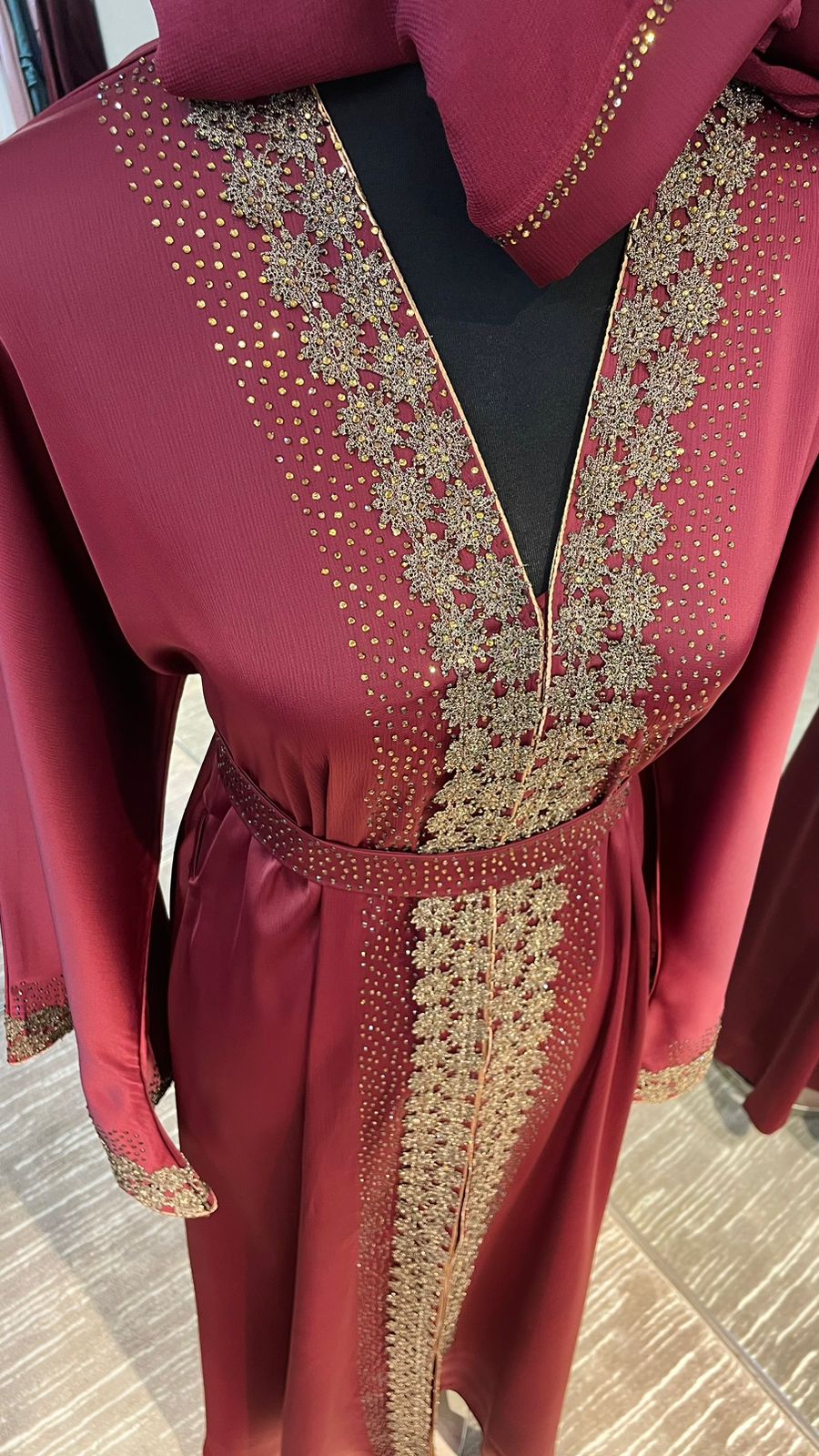 Maroon Red Wide cut Abaya Embellished with Brown Lace and Rhinestones