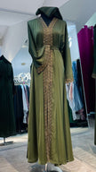 Olive Green Wide cut Abaya Embellished with Brown Lace and Rhinestones