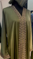 Olive Green Wide cut Abaya Embellished with Brown Lace and Rhinestones