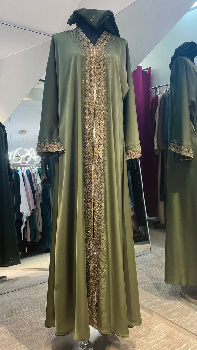 Olive Green Wide cut Abaya Embellished with Brown Lace and Rhinestones