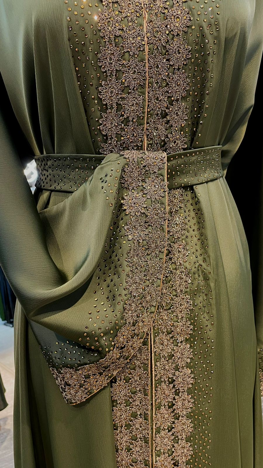 Olive Green Wide cut Abaya Embellished with Brown Lace and Rhinestones