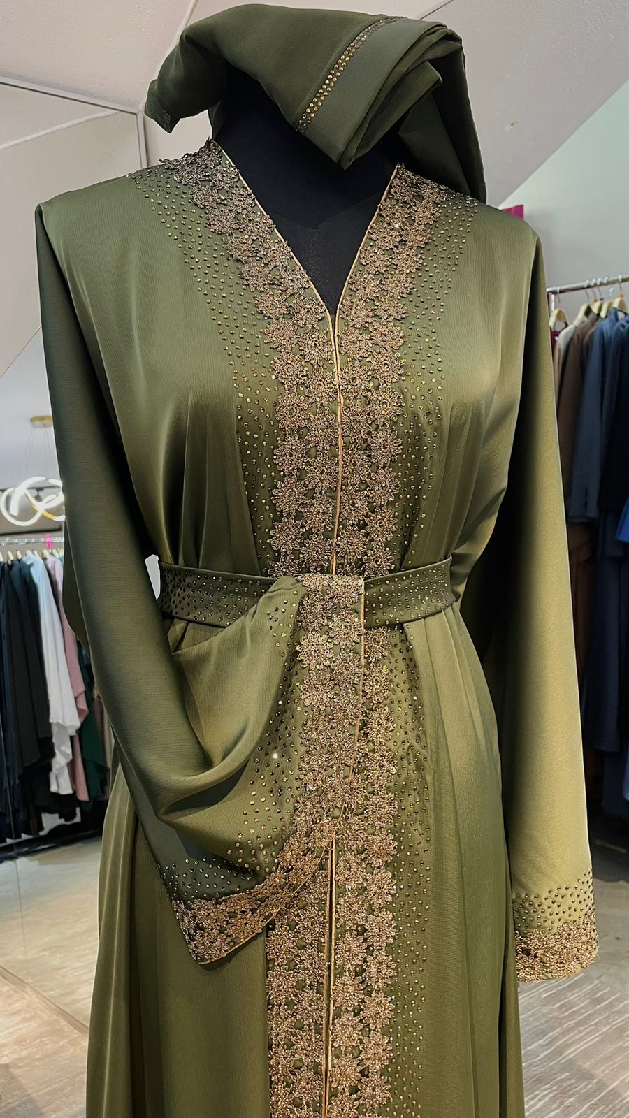 Olive Green Wide cut Abaya Embellished with Brown Lace and Rhinestones