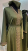 Olive Green Wide cut Abaya Embellished with Brown Lace and Rhinestones