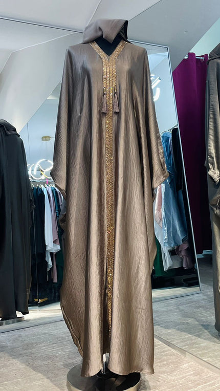 Taupe Gray Luxurious Harir Maqsood Farasha Abaya Dress