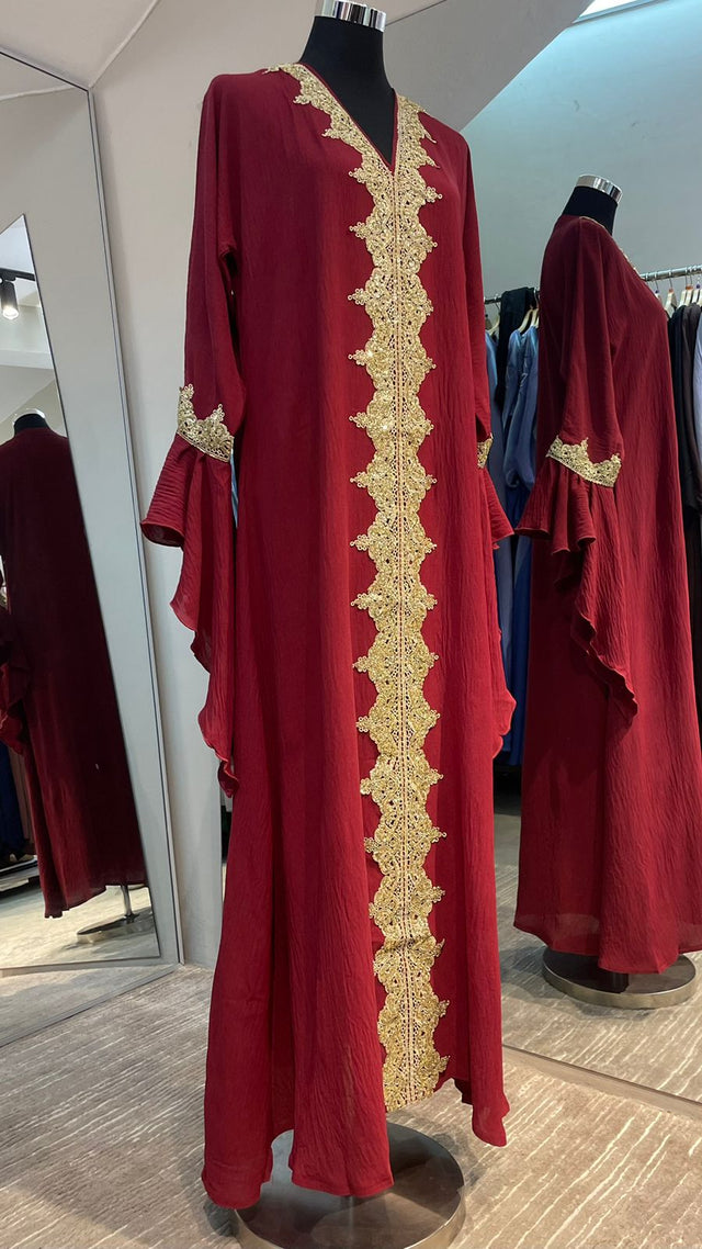 Maroon Red Flare Sleeve Abaya Dress with Gold Embellishment