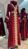 Maroon Red Flare Sleeve Abaya Dress with Gold Embellishment