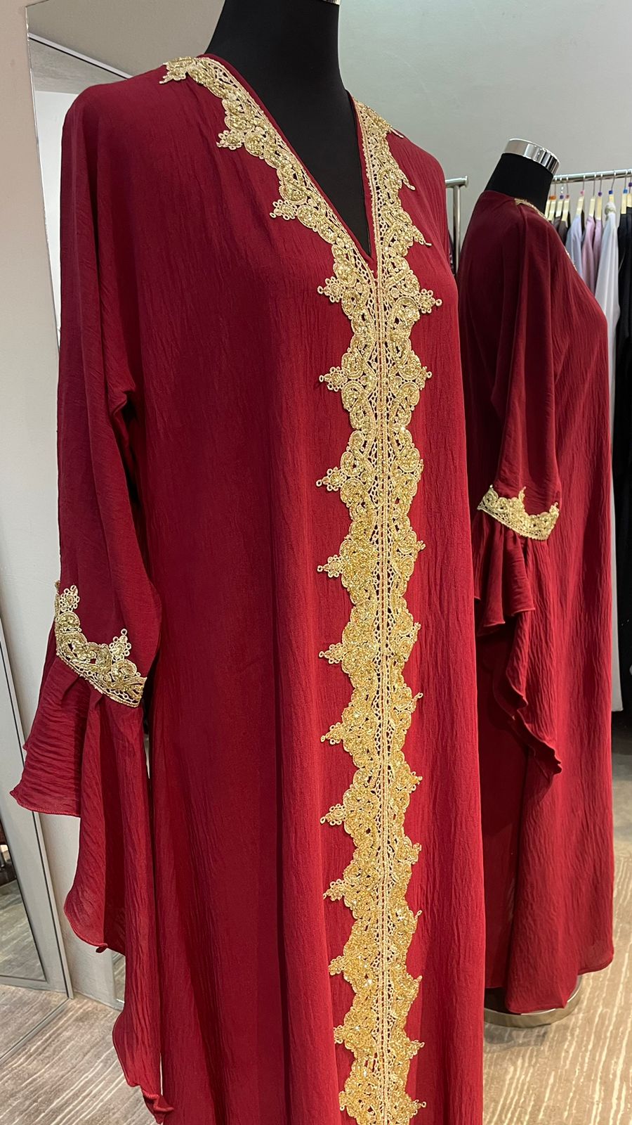 Maroon Red Flare Sleeve Abaya Dress with Gold Embellishment