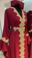 Maroon Red Flare Sleeve Abaya Dress with Gold Embellishment