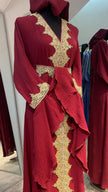 Maroon Red Flare Sleeve Abaya Dress with Gold Embellishment