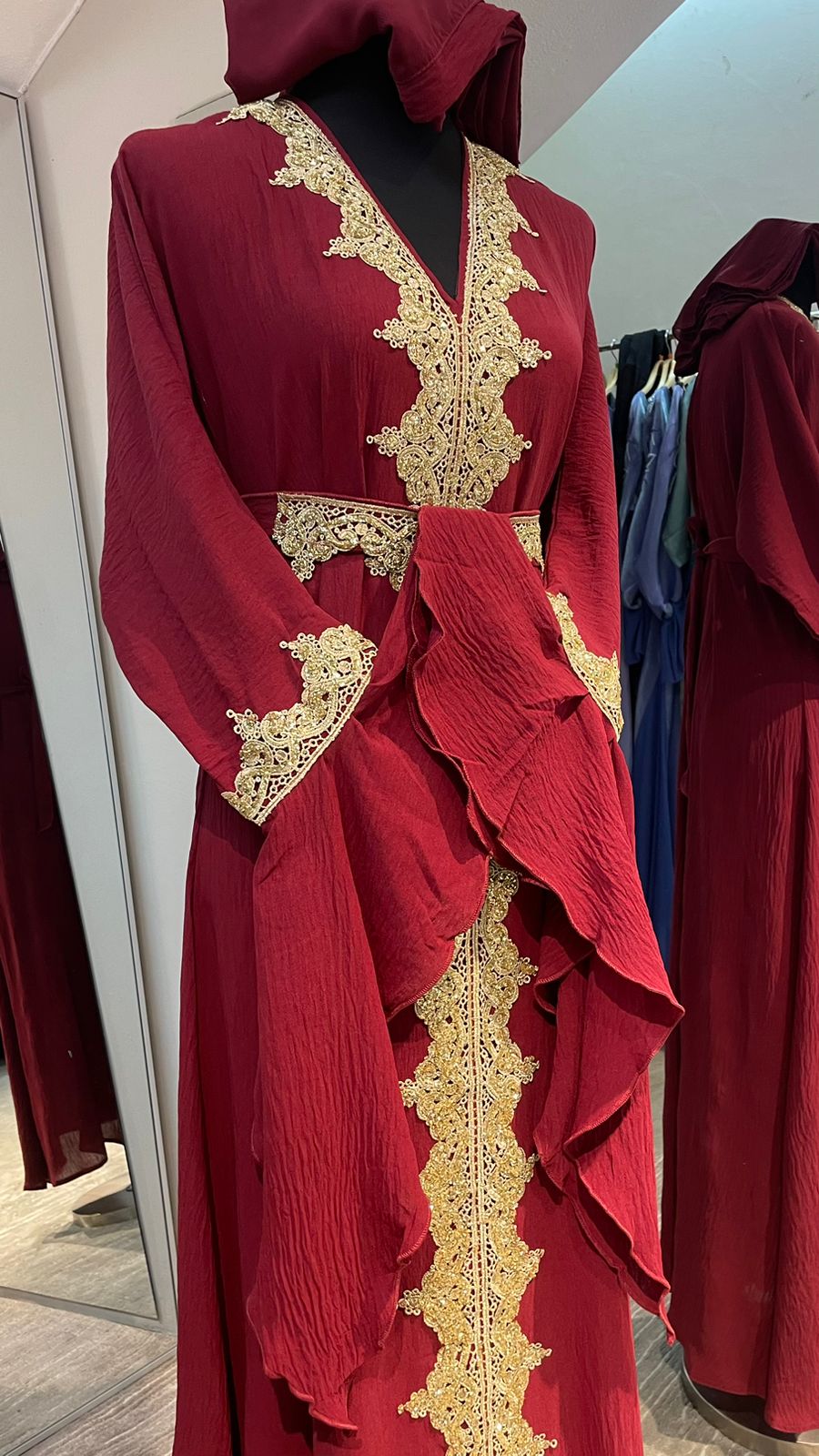 Maroon Red Flare Sleeve Abaya Dress with Gold Embellishment