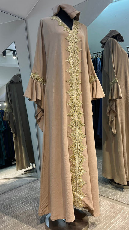 Beige Flare Sleeve Abaya Dress with Gold Embellishment