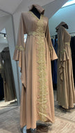 Beige Flare Sleeve Abaya Dress with Gold Embellishment