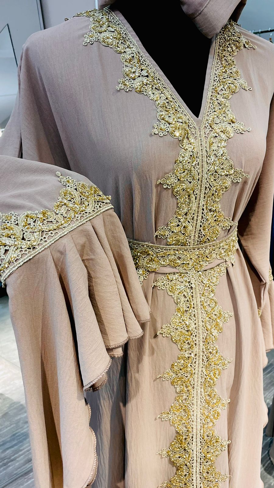 Beige Flare Sleeve Abaya Dress with Gold Embellishment