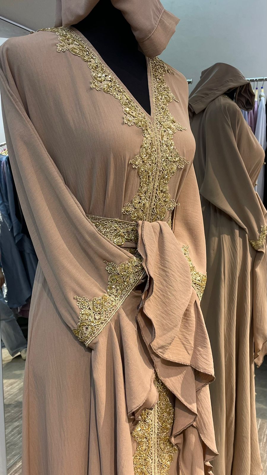 Beige Flare Sleeve Abaya Dress with Gold Embellishment