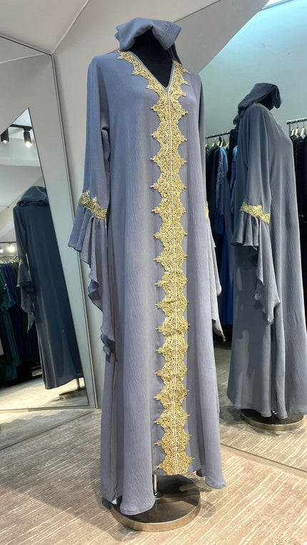 Bluish Gray Flare Sleeve Abaya Dress with Gold Embellishment