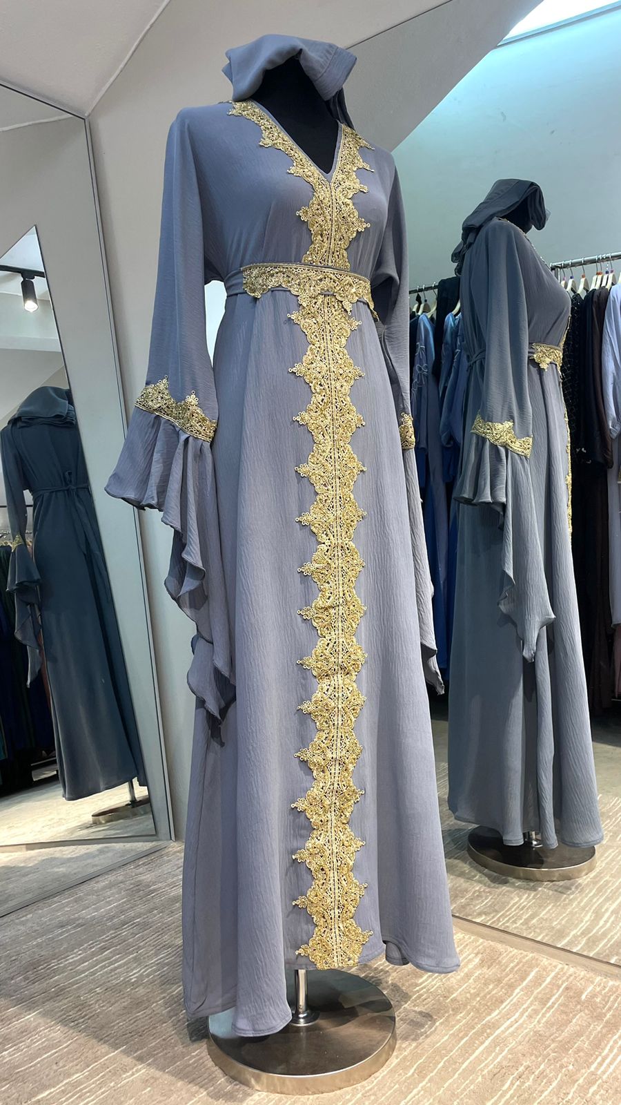 Bluish Gray Flare Sleeve Abaya Dress with Gold Embellishment