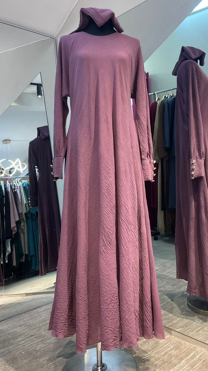 Purple Umbrella cut Casual Abaya Dress with Gold Buttons on Sleeves