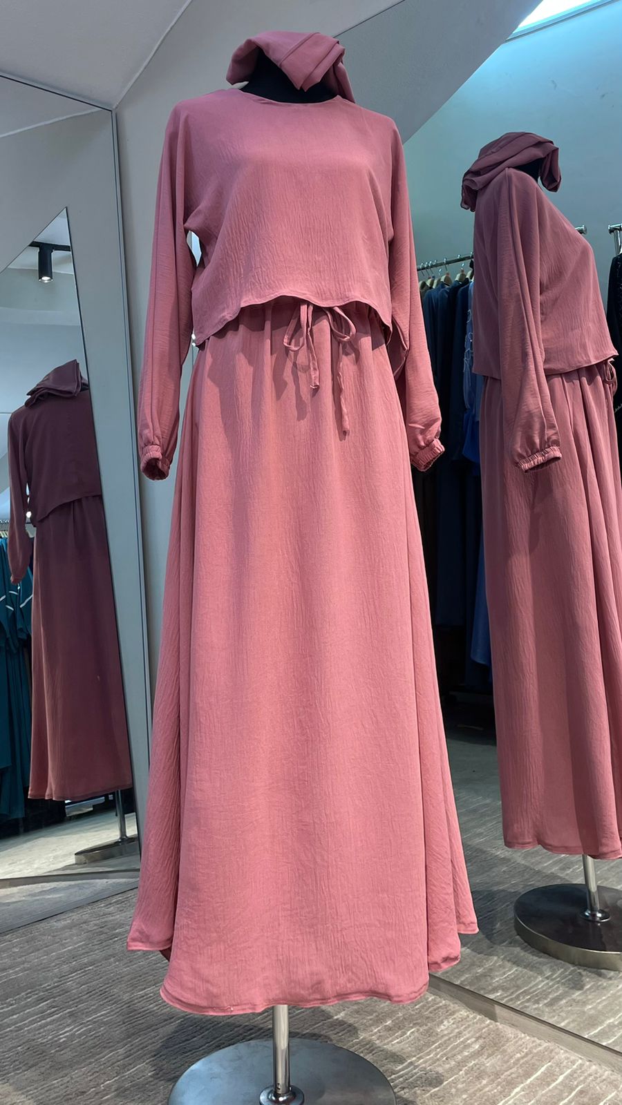 Rose Pink Color 3pcs Casual Abaya Dress