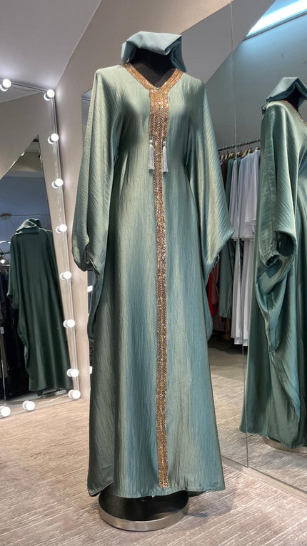 Musk Green Luxurious Harir Maqsood Farasha Abaya Dress