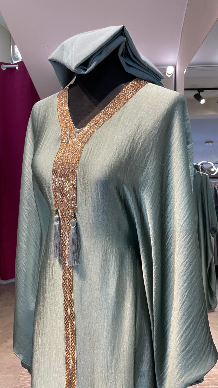 Musk Green Luxurious Harir Maqsood Farasha Abaya Dress