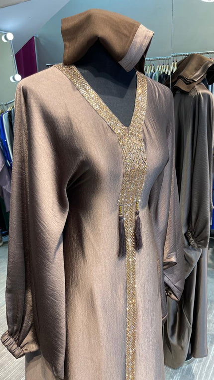 Cacao Brown Luxurious Harir Maqsood Farasha Abaya Dress.