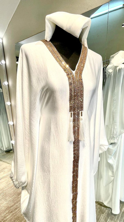 White Luxurious Harir Maqsood Farasha Abaya Dress