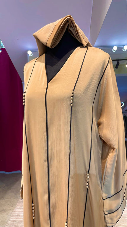 Dark Beige Silky Zoom Abaya with Line and Bead Embellishments and Side Pockets