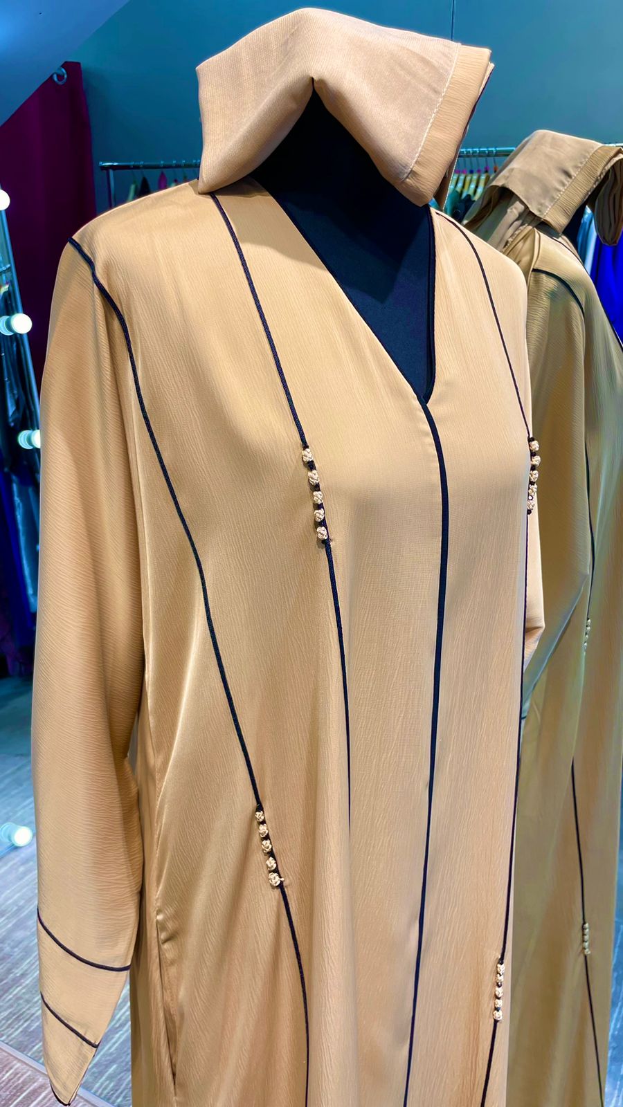 Dark Beige Silky Zoom Abaya with Line and Bead Embellishments and Side Pockets