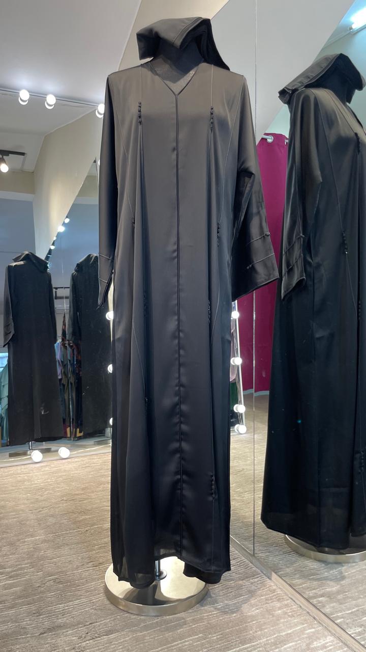 Black Silky Zoom Abaya with Line and Bead Embellishments and Side Pockets