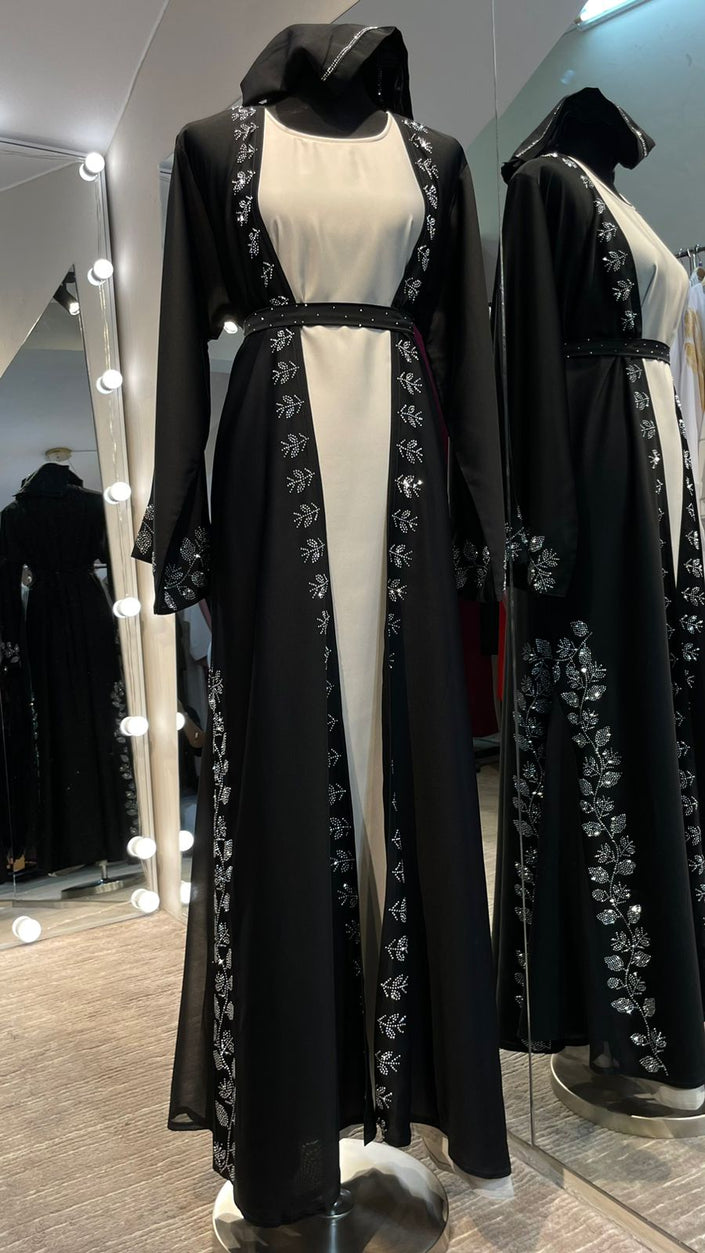 Black Robe with Cream Inner Abaya embellished with Stones.