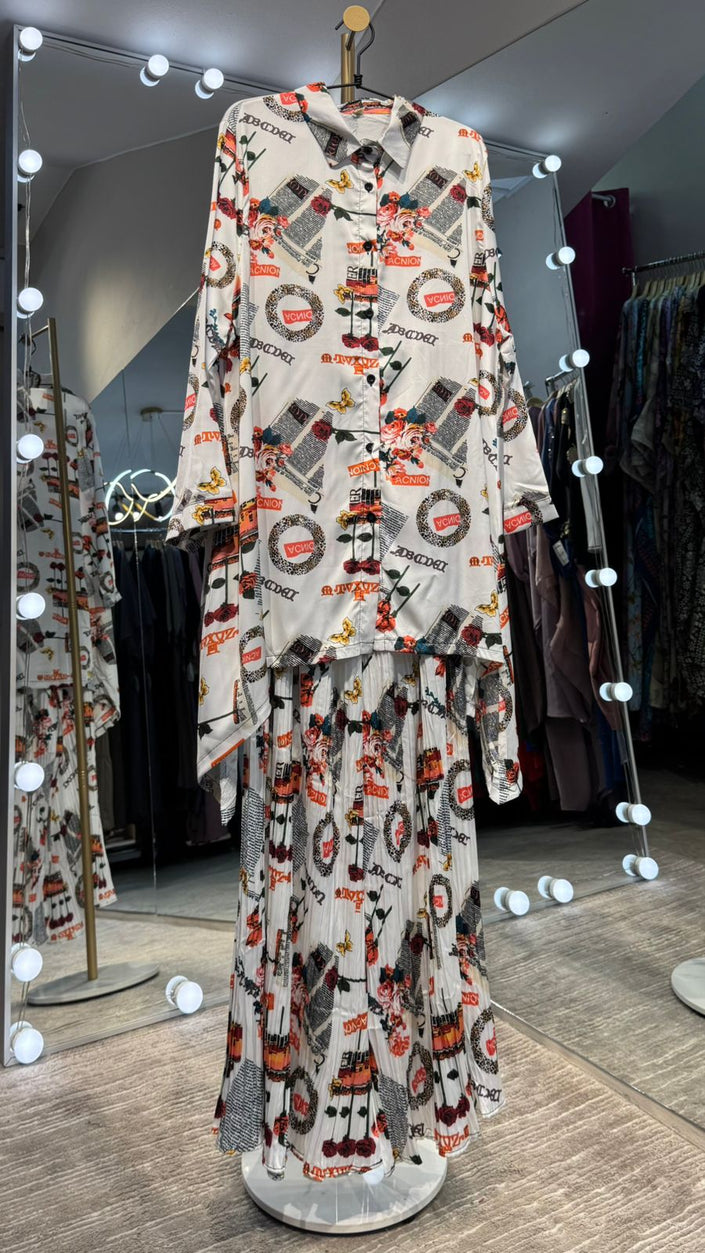 Off White Satin Co-ord set Pleated Pant with Floral printing.
