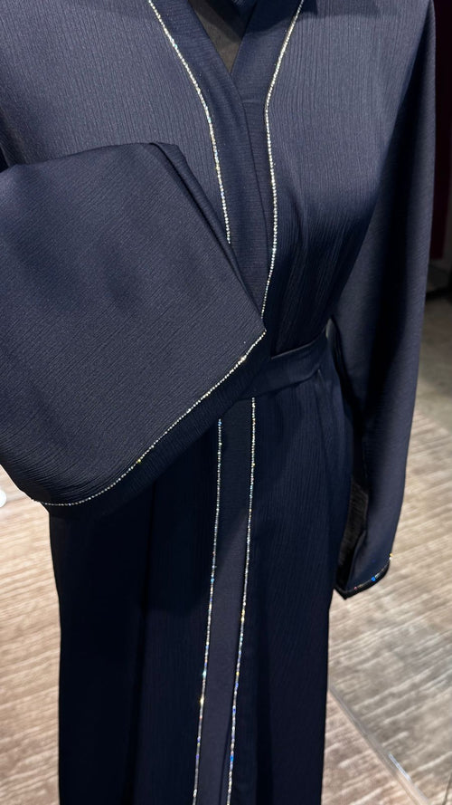 3 Piece Abaya Set with Hijab and Belt , Stone Detail Zoom Fabric- Navy Blue