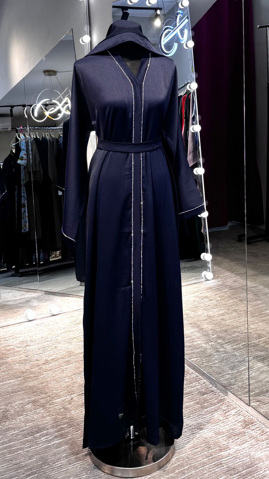 3 Piece Abaya Set with Hijab and Belt , Stone Detail Zoom Fabric- Navy Blue