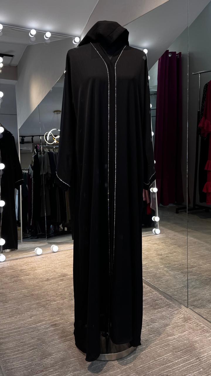 3 Piece Abaya Set with Hijab and Belt , Stone Detail Zoom Fabric- Black