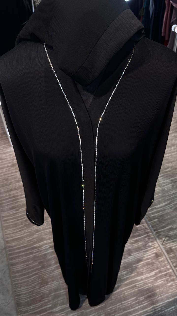 3 Piece Abaya Set with Hijab and Belt , Stone Detail Zoom Fabric- Black