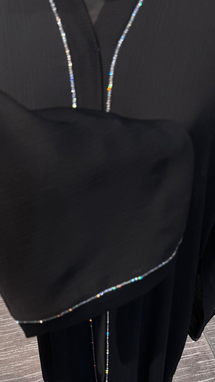 3 Piece Abaya Set with Hijab and Belt , Stone Detail Zoom Fabric- Black