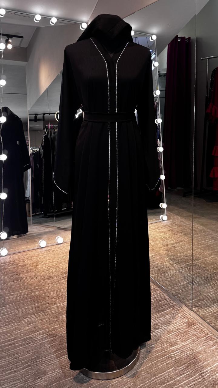 3 Piece Abaya Set with Hijab and Belt , Stone Detail Zoom Fabric- Black