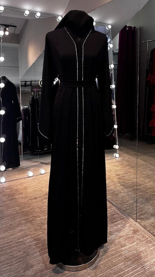 3 Piece Abaya Set with Hijab and Belt , Stone Detail Zoom Fabric- Black