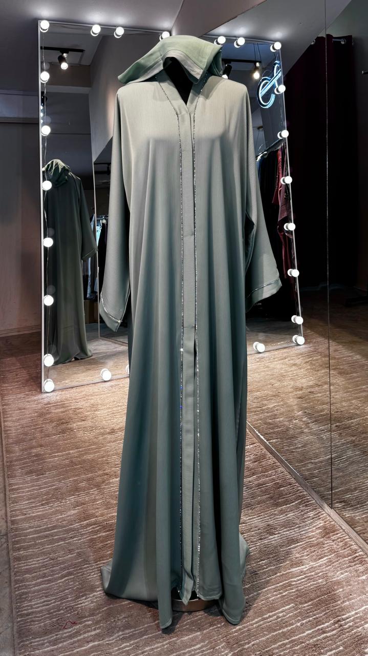 3 Piece Abaya Set with Hijab and Belt , Stone Detail Zoom Fabric- Mint Green