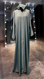 3 Piece Abaya Set with Hijab and Belt , Stone Detail Zoom Fabric- Mint Green