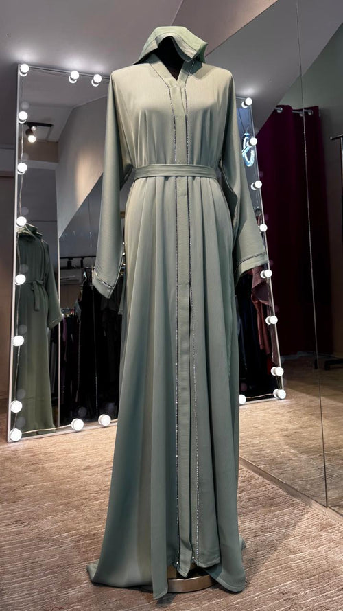 3 Piece Abaya Set with Hijab and Belt , Stone Detail Zoom Fabric- Mint Green