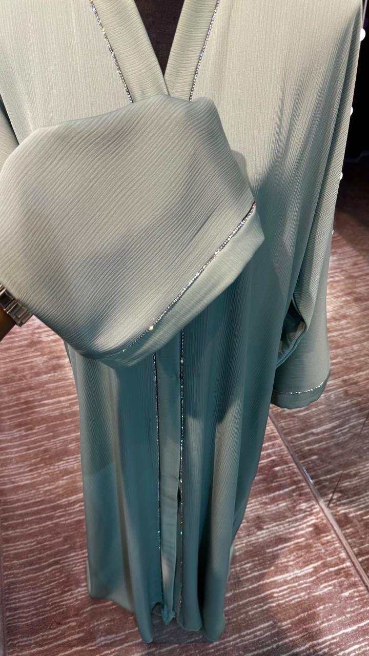 3 Piece Abaya Set with Hijab and Belt , Stone Detail Zoom Fabric- Mint Green