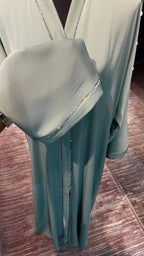 3 Piece Abaya Set with Hijab and Belt , Stone Detail Zoom Fabric- Mint Green