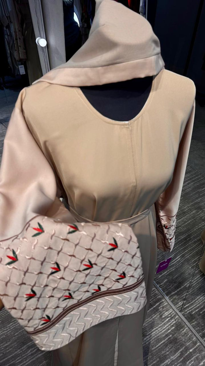 Nude Nida Abaya with Kuffiyah Embroidered Sleeves