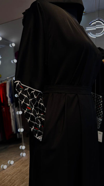 Black Nida Abaya with Kuffiyah Embroidered Sleeves