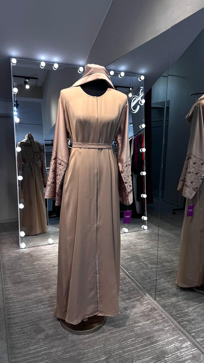 Nude Nida Abaya with Kuffiyah Embroidered Sleeves