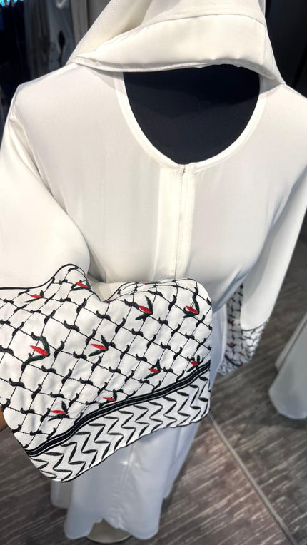 White Nida Abaya with Kuffiyah Embroidered Sleeves