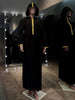Men Black Slim fit kandura with gold thread embroidery and cap.