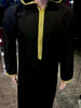 Men Black Slim fit kandura with gold thread embroidery and cap.