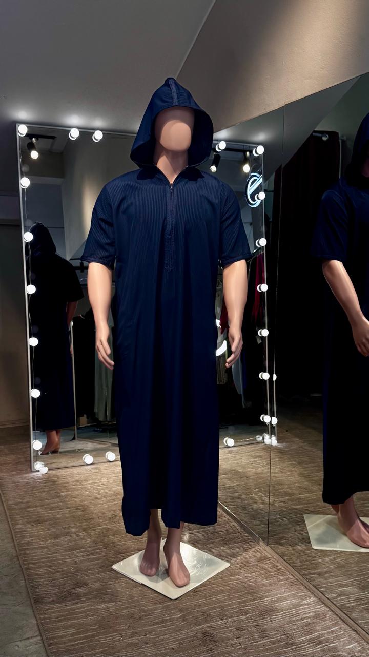 Men Navy Blue Short Sleeve kandura with cap.